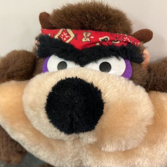VINTAGE 1993 Biker Taz Tasmanian Devil Plush Toy 10" Bandana Warner Bros - Picture 2 of 8